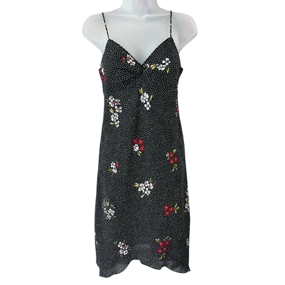 Vintage Y2K Polka Dot Floral Slinky Spaghetti Strap High Low Midi Dress Petite 6